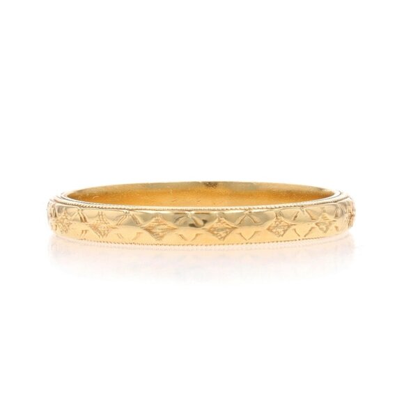 Yellow Gold Vintage Geometric Floral Wedding Band - 14k Etched Milgrain